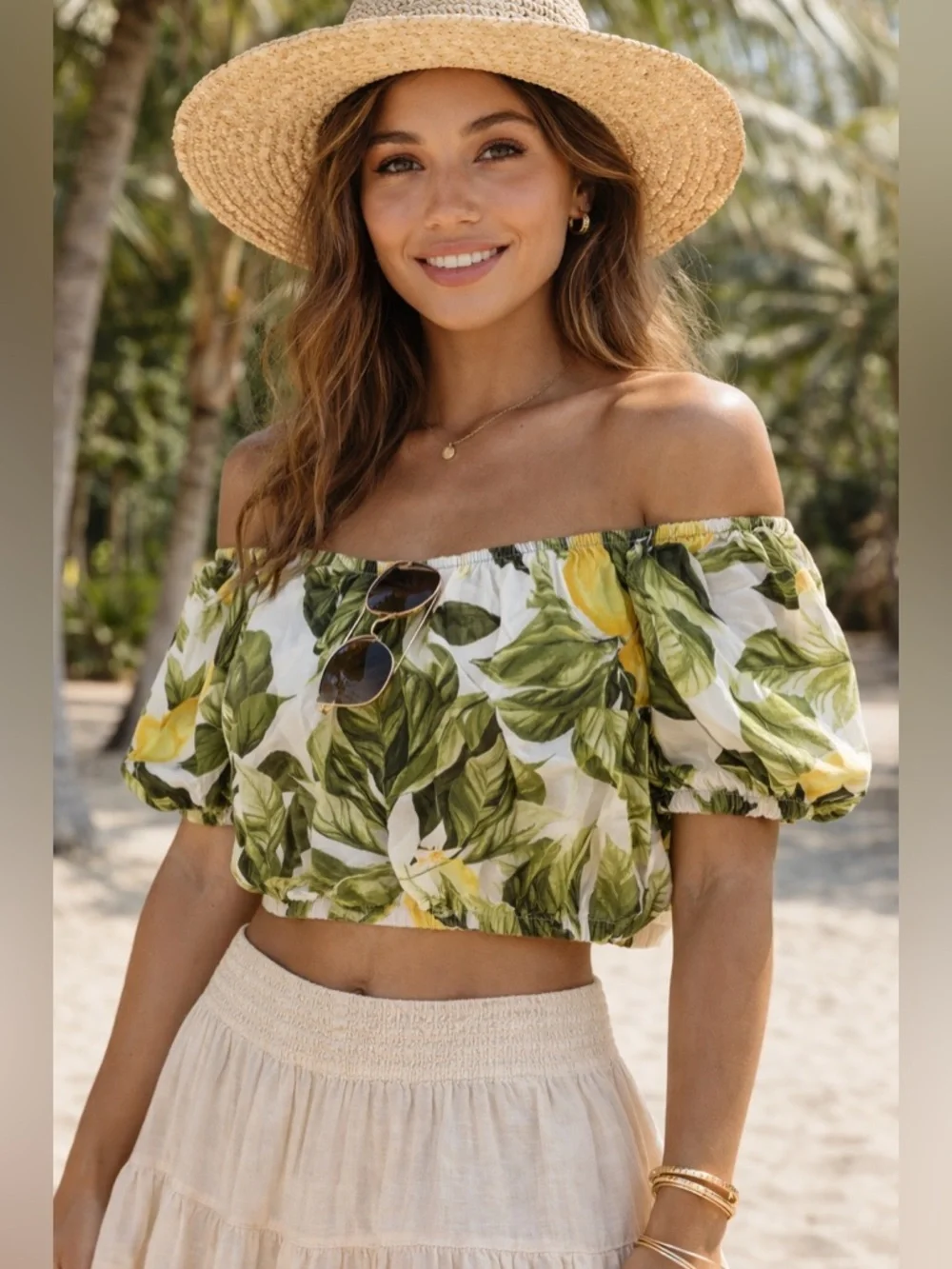 H&M Lemon Print Off Shoulder 100% Cotton Blouse Medium Tropical Puff Sleeve - Picture 1 of 5